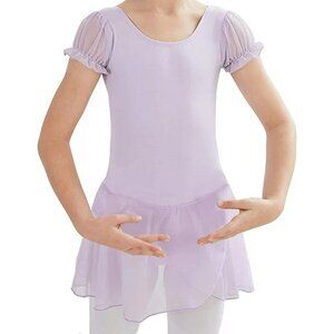 Girls Puffy Sleeve Skirted Leotard, Purple, XL